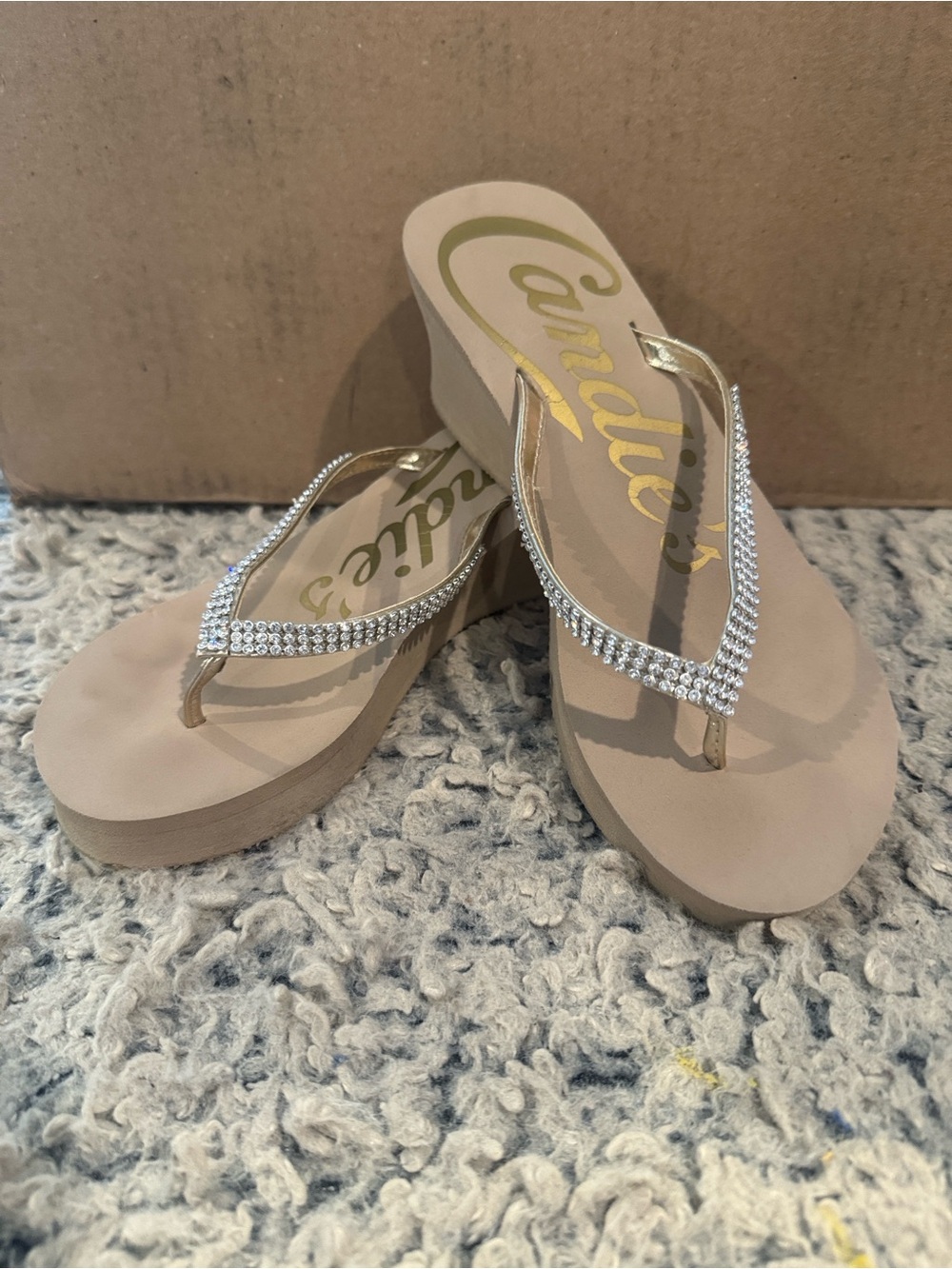 Candie's Nude Rhinestone Wedge Flip Flops